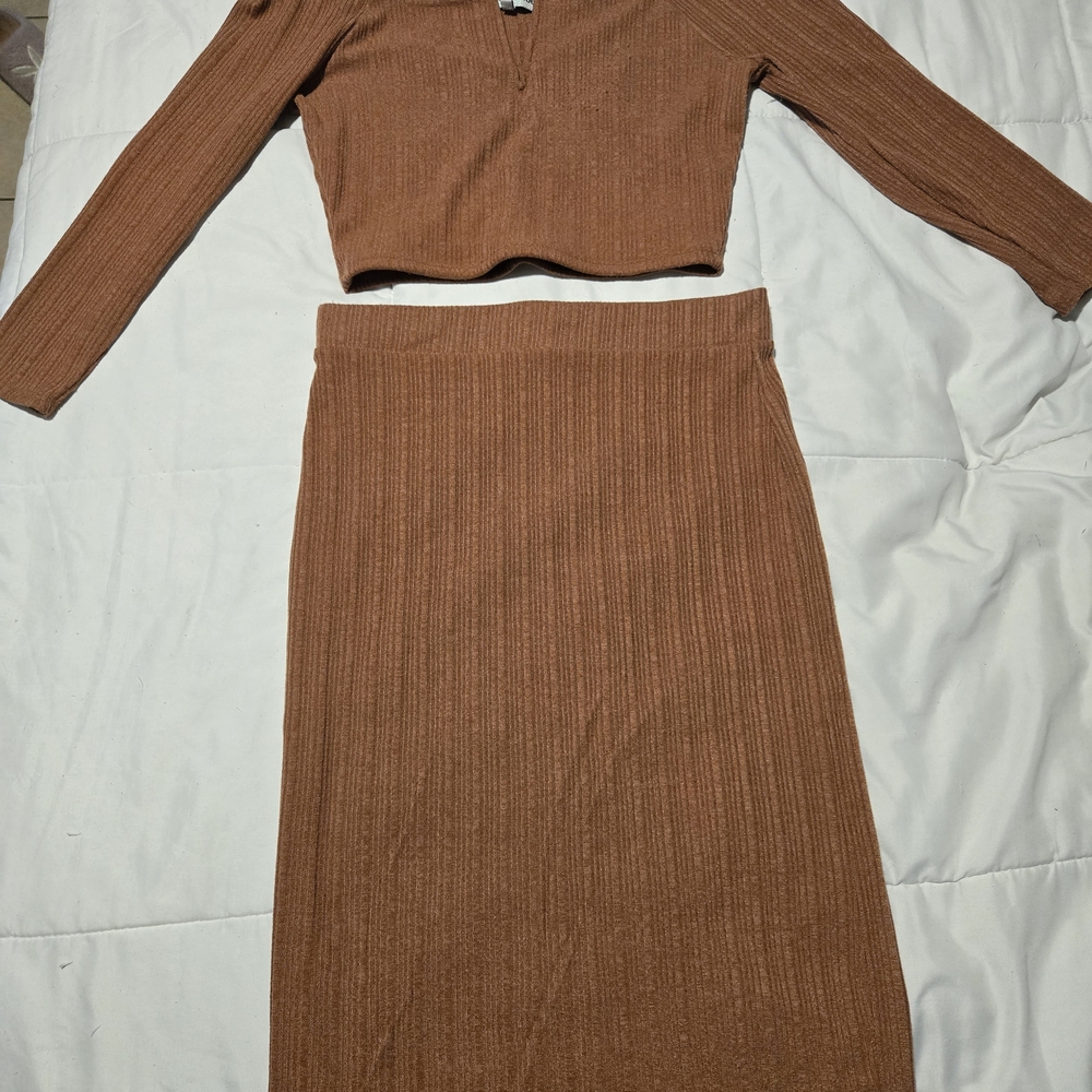 Almost Famous Tan Ribbed Pencil Skirt And Top Set